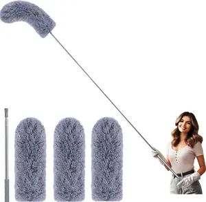 Extendable Cobweb Duster with 100" Extension Pole, Spider Web Brush & Ceiling Cleaning Kit, Washable Microfiber Feather Duster Head for Ceiling Fan, Furniture