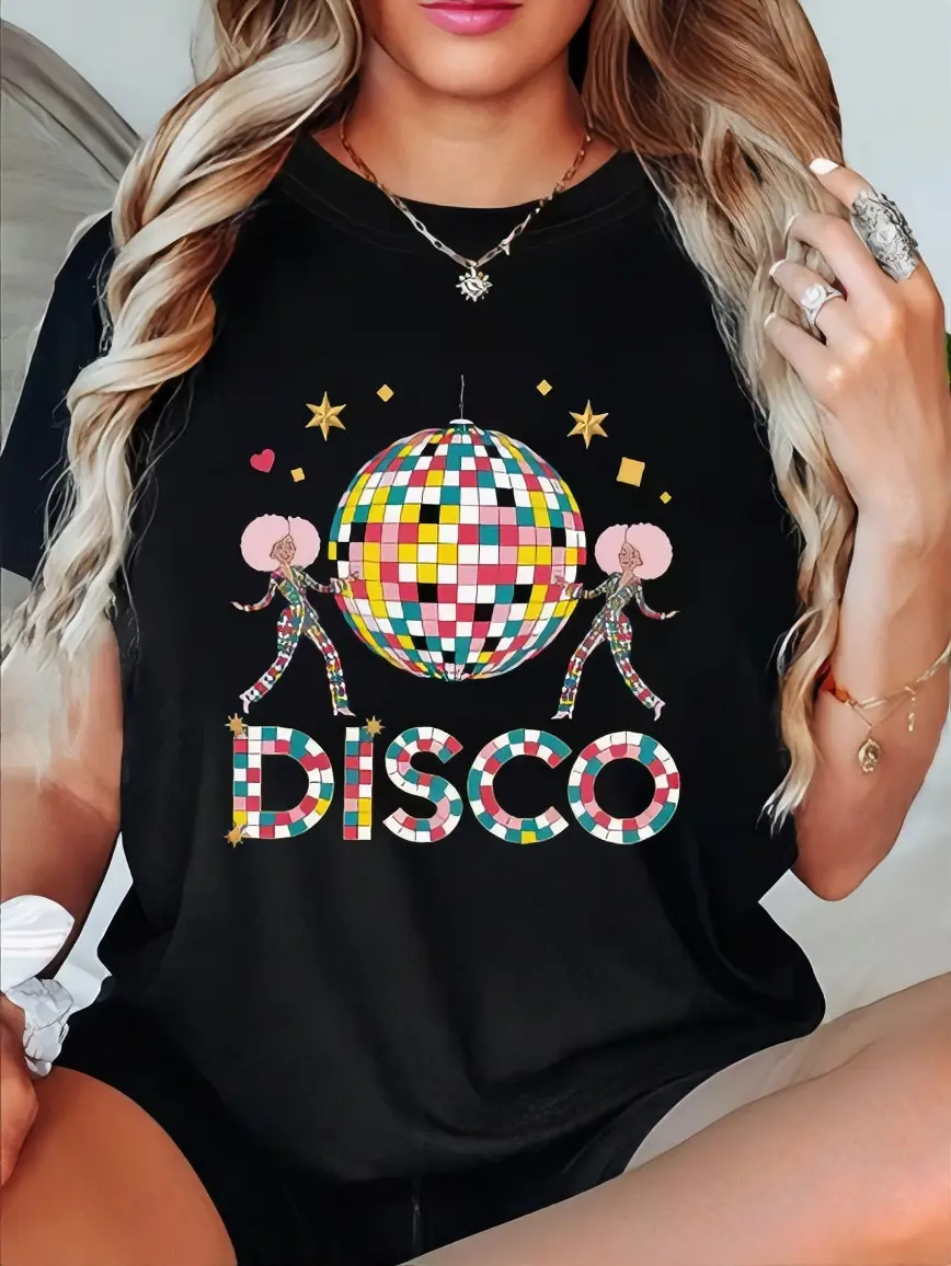 Disco T-Shirt with Colorful Disco Ball and Dancers Design for Women