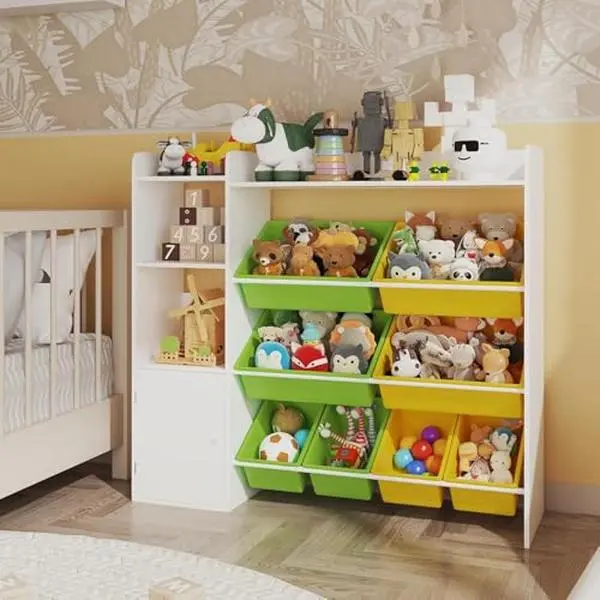 Kids Wooden Toy Organizer, Children Toy Storage Shelf with 8 Bins and 3 Shelves, Kid Bookshelf Playroom Organization Bookcase for Storing Toys, Games, Books and Craft Supplies,Green&Yellow