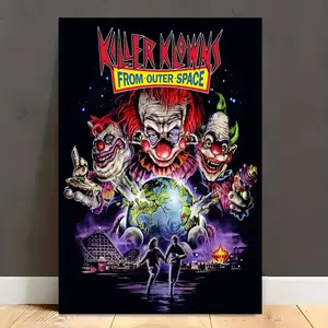 2D flat wooden frame vintage<The Killer Clown from Outer Space>Sci-Fi Horror Movie Poster Art Print - Vintage Clown and Amusement Park Canvas Wall Decor, Living Room Bedroom Decoration - Vibrant Colors, High-Quality Canvas, Easy to Hang, Cosmic Them