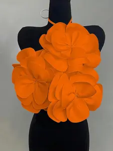 Women's French Style Floral Halter Top, Large Flower Decoration, Backless Slimming Sexy Vacation Shirt, Casual Everyday Sleeveless Short Blouse