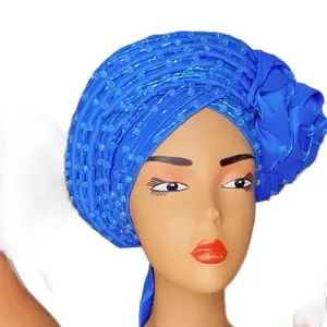Kirah Hat - Blue Beaded Turban with Satin Bow for Women's Fashion