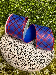 2.5 Inch By 10 Yard Red And Royal Blue Metallic Thick And Thin Diagonal Plaid Ribbon
