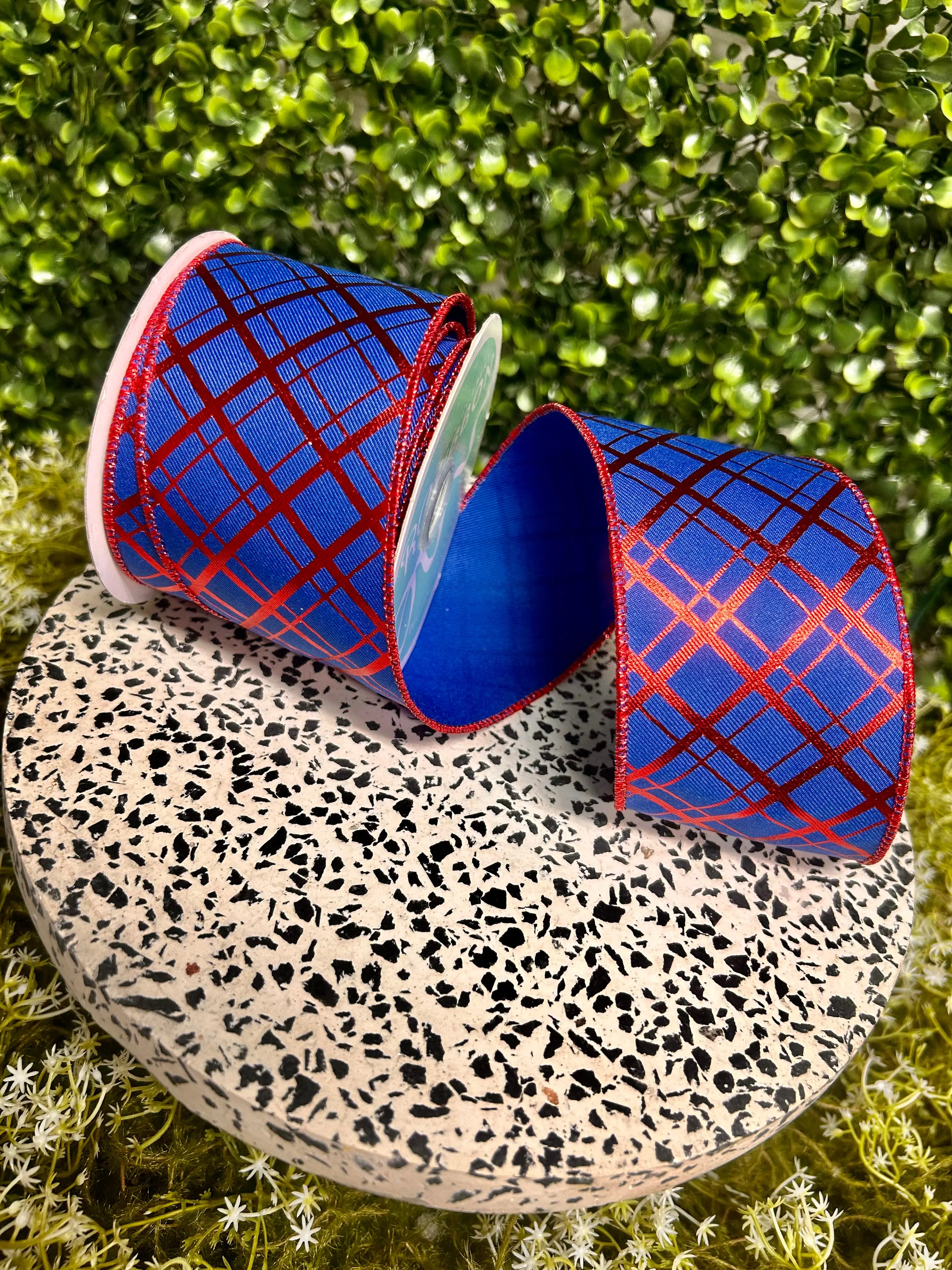 2.5 Inch By 10 Yard Red And Royal Blue Metallic Thick And Thin Diagonal Plaid Ribbon