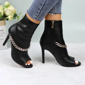 Women's Ankle Boots Peep Toe Stylish 4-inch Stiletto High Heel PU Leather Short Boots Girl Fashion Comfortable Casual Dress Shoes Footwear with Gold Chain & Side Zipper for Party Prom Nightclub XQX