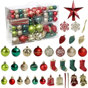 132pcs Christmas Tree Decoration Set - Red, Green & Gold Shatterproof Hanging Ornaments - Folk Art Style - Christmas, Wedding, Anniversary