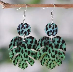 Green Leopard Print Wooden Earrings