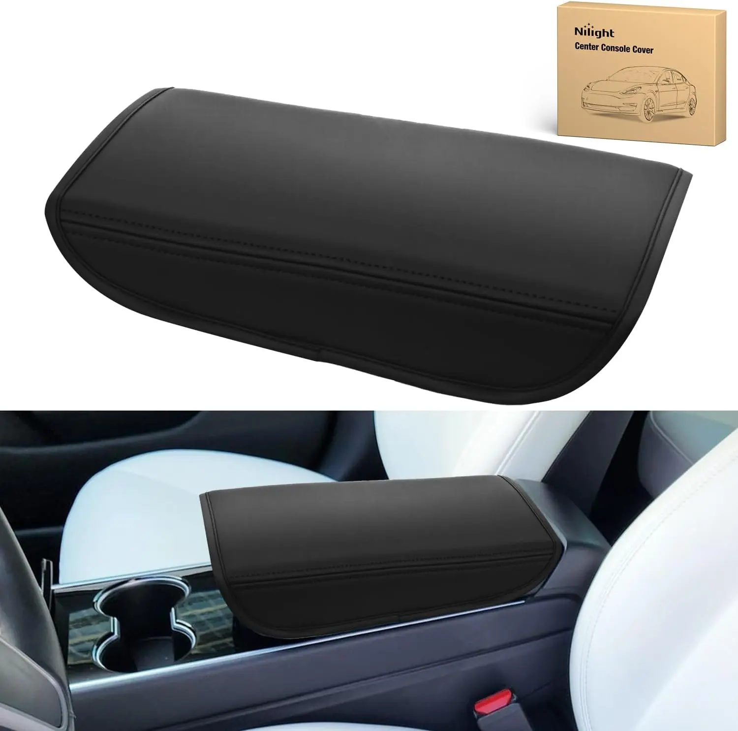 Nilight PVC Leather Car Armrest Box Cover - Odorless, Wear-Resistant, Full Coverage Auto Accessory for 2017-2023 Model 3, 2020-2023 Model Y, Easy Installation, Elbow Stress Relief, Black Interior Decoration Replacement