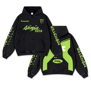 Retro Ninja H2 Racing Washed Hoodie MotoGP World Champion Enthusiast Apparel Streetwear Helmet Racing Team Super Motorsports Clothing Riders Motocross Off-Road Dirt Bike Fan Gear Cotton For Motor Fan Lightweight Womenswear