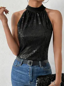 2026 New Women Womenswear Sequin Halter Top Sleeveless Shiny Glitter Slim Fit Elegant Sexy Party Cocktail Business Casual Evening Clubwear Outfit