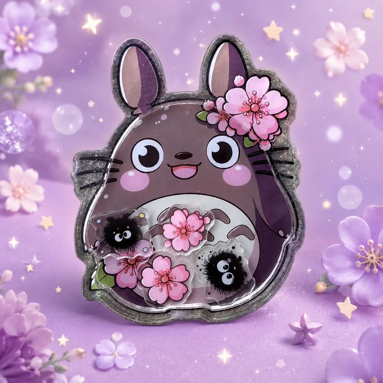 Cute Anime Chinchilla Shaker Phone Grip with Sakura Flower, Kawaii Grey Cartoon Animal Griptok, Purple Glitter Phone Holder & Stand, Aesthetic Gift
