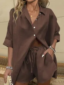 2 Piece Women's Summer Linen Feel Loose Casual Set, Brown Button Down Shirt & Shorts Lounge Outfit, Womenswear