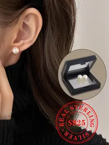 S925 Sterling Silver Fresh Water Pearl Decorated Stud Earrings, Fashionable Earrings for Women & Girls, Trendy All-match & Exquisite Jewelry for Birthday Gift