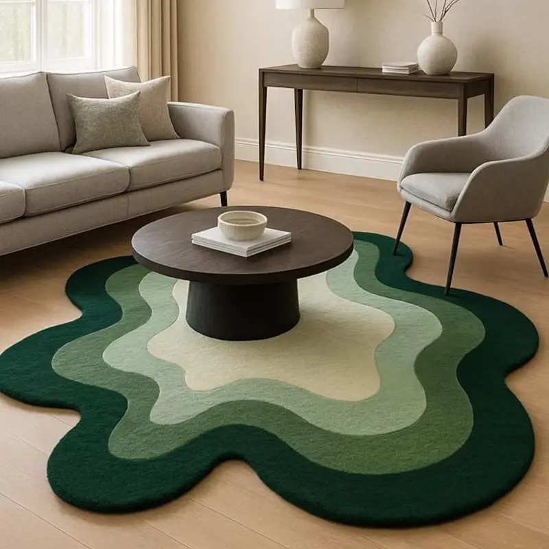 Nordic simple abstract art living room special-shaped carpet green gradient corrugated sofa coffee table non-slip carpet soft and comfortable bedroom bedside machine washable carpet lounge large area floor mat Machine Washable Rugs
