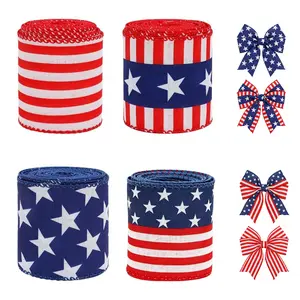 USA 250th Anniversary Patriotic Wire Edge Ribbon 5 Yards x 2.5 Inch, Independence Day Memorial Day Gift Wrap Bow Craft Decor, American Flag Star Stripes Design 4 Patterns Set for DIY Decoration 2026 Celebration