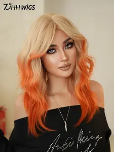 Medium Length Dusk Orange Wavy Wigs for Women 20 Inch Loose Fluffy Wave Curly Curtain Bangs Wig, Full Machine Heat Resistant Fiber Hair Synthetic Costume Colorful Wigs for Cosplay Wear, Halloween Carnival & Music Festival Party Wigs Accessories