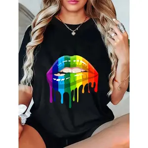 100% Cotton Short-Sleeve Round Neck Casual Lady's LGBT Rainbow Lip Gay Pride Streetwear Sports Top