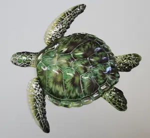 Green Sea Turtle Wall Hanging, Realistic Graphics Lightweight Tin Glossy Enameled Finish Tiltable Bracket 10-1/2" Wide