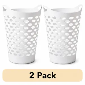 (2 pack) Mainstays Plastic Round Laundry Hamper, White, with Carrying Handles
