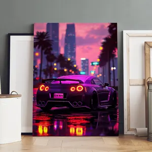1 Count Wooden Framed Canvas, Cyberpunk Night Sports Car Poster, Modern Art, Fashion Poster, Living Room Bedroom Decoration, Hallway Office Mural, Kitchen, Home Poster, Ideal Gift, High Definition, Waterproof, Artwork