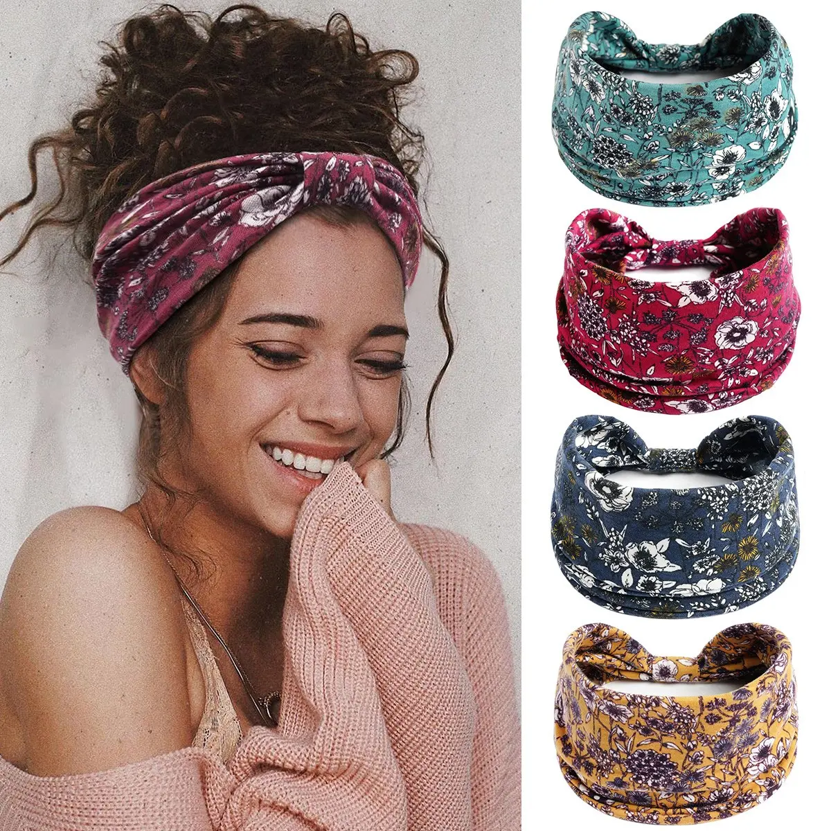 Ladies' 4-piece wide headband with bohemian style full body printed retro vintage fashion sports headband, yoga running fitness headband, ethnic style printed headband, dual-use for sports and leisure Headbands Women Boho Headbands