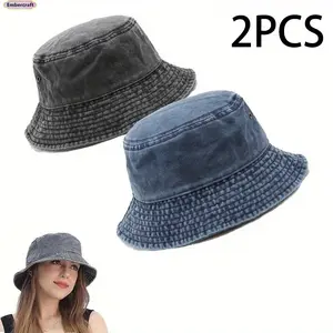 2PCS Vintage Washed Bucket Hat for Men and Women, Unisex Foldable Cotton Sun Hat, Casual Retro Fisherman Cap for Travel, Beach, Fishing and Daily Wear, Lightweight Packable Outdoor Bucket Hat