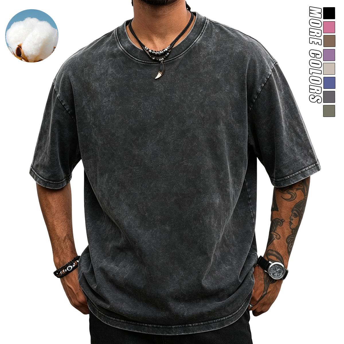 Men’s 4-piece pure cotton crew neck vintage washed T-shirt set — soft, loose T-shirts suitable for casual everyday wear; classic crew neck design.