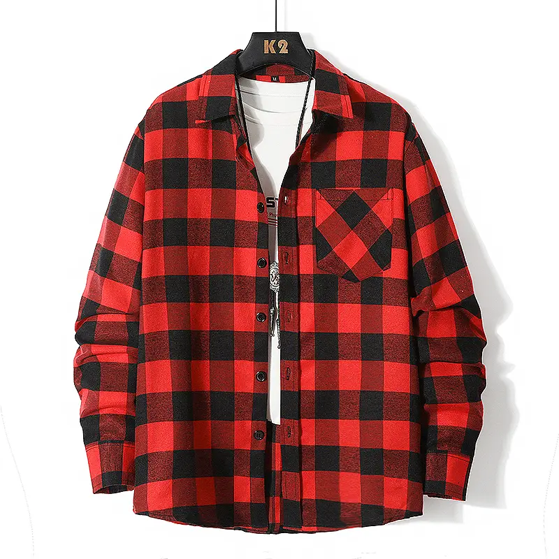 Men's Classic Red Black Buffalo Plaid Long Sleeve Button Down Shirt, Single Chest Pocket Loose Oversized Flannel Casual Shirt For Spring Autumn Daily Streetwear Outfits # SummerWins