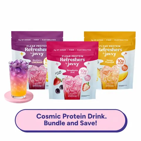 Javvy Cosmic Protein Drink TikTok Exclusive Bundle Blackberry Lemonade, Mango Pineapple * Strawberry Acai Refresher Clear Whey Protein Drink Mix, 45mg Caffeine, 0g Sugar, 10g Protein, With Fiber & Electrolytes, 20 Servings Each