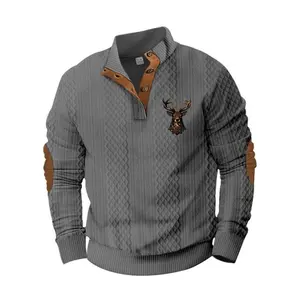 Men's retro Henry sweatshirt, casual and fashionable sweatshirt, quilted fabric with elbow patches, casual and comfortable long sleeved pullover, suitable for daily/outdoor wear, perfect Christmas gift