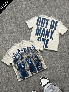 Vintage Washed Godspeed Basketball Skeleton Tee, Retro "Out Of Many One" Graphic Oversized Streetwear Shirt, Y2K Distressed Hem Casual Top for Men #vintagetee #streetwear #90sfashion