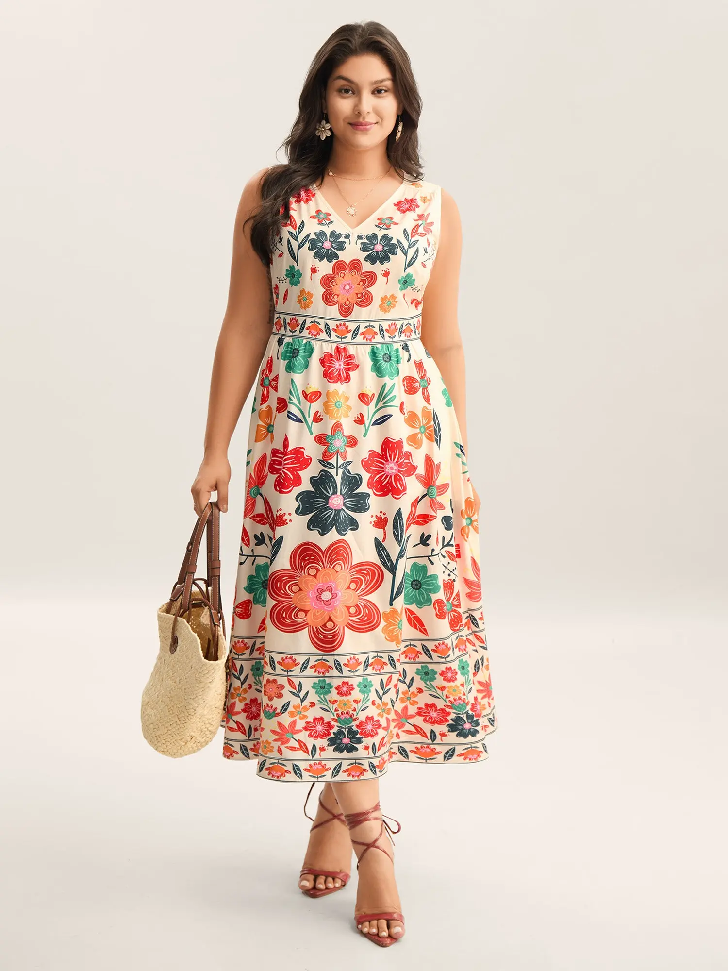 BloomChic Women's Plus Size Bohemian Floral Dress, Sleeveless V-Neck Maxi with Side Pockets and Cinched Waist, Multicolor, Plus Size Clothes, Floral Print, Curvy Clothing