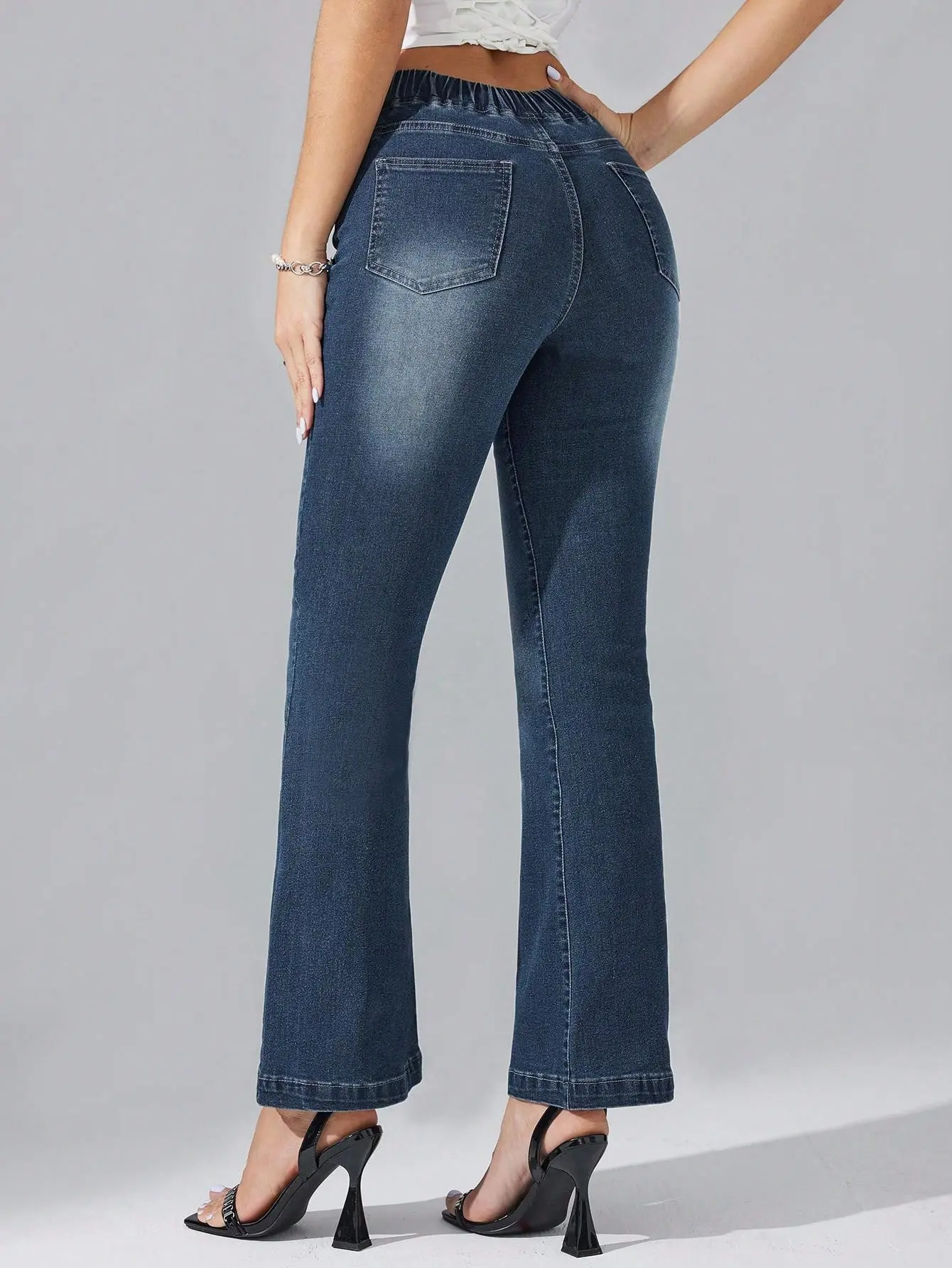 Elastic Waist Bootcut Jeans For Women Stretch Washed Denim Flare Pants Fit Womenswear,bedazzled, jeans,stacked, decade,wavy, capri,flare