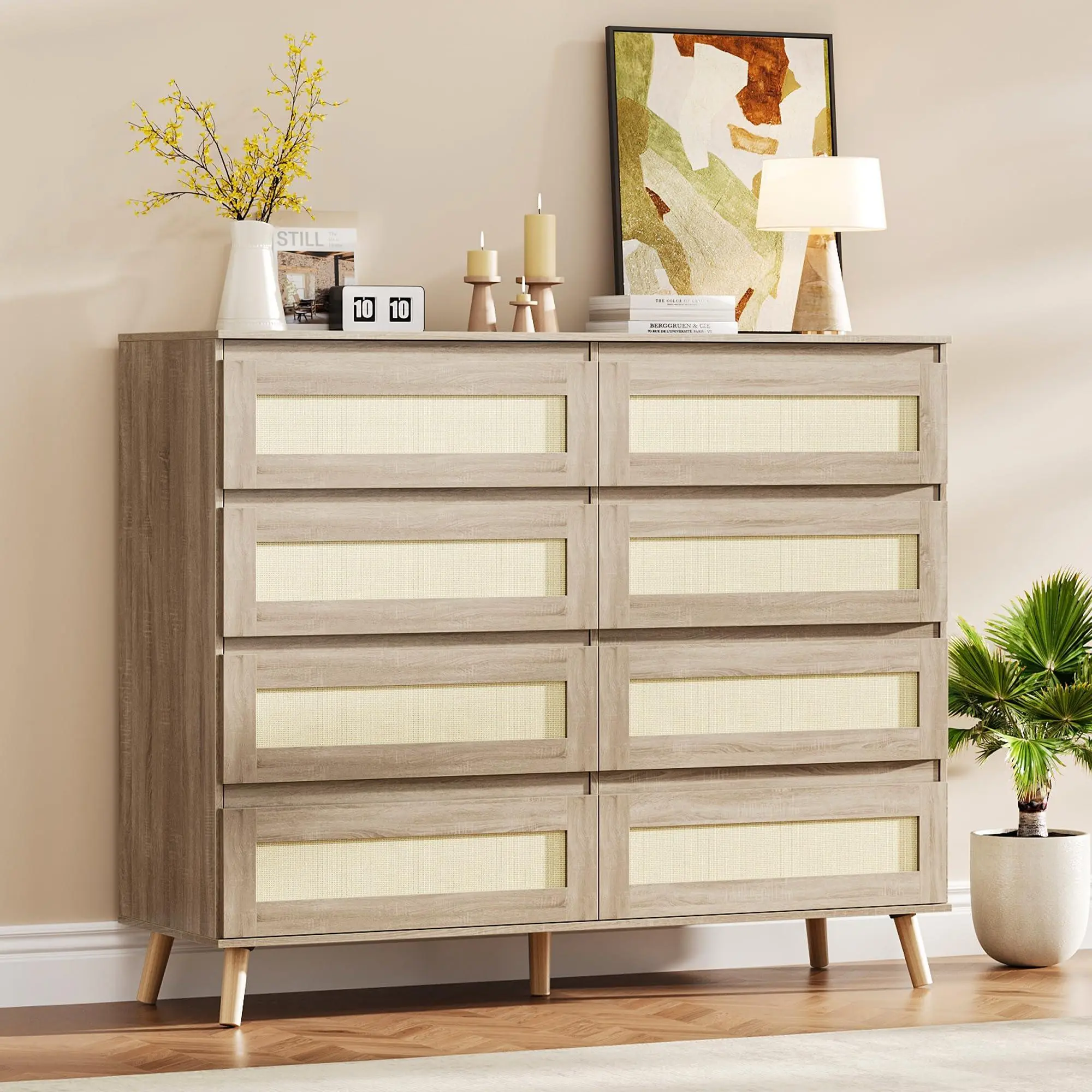 Rattan 8 Drawer Dresser for Bedroom, Large Double Dresser Wooden Chest of Drawers with Deep Drawers & Wide Top