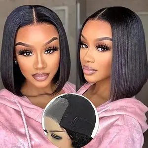 Wear and Go Glueless Wigs Bob Human Hair Pre Plucked  Bob Wig Human Hair Pre Cut Gluleless Wigs for Beginners Straight Short Bob Wig 4x4 HD Lace Closure Wig For Black Women Natural Color