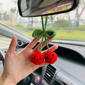 Cute Cherry Design Car Hanging Ornament Set, Woven Rearview Mirror Accessories for Women & Girls, Stylish Auto Interior Decor, Car Hanging Decoration, Car Interior Accessory