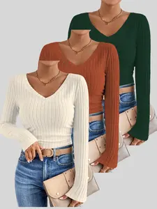 Women's Solid V Neck Long Sleeve Tee, Casual Basic T-shirt for Fall & Winter, Women's Top for Daily Wear