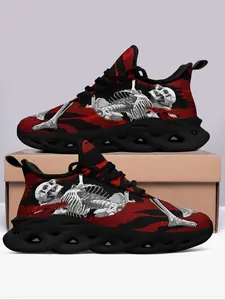 Men's Fashionable Skull Print Lace Up Sneakers, Casual Comfortable Breathable Sports Running Shoes, Male All-match Round Toe Shoes for Daily Wear, Trainer, Athletic Running Shoes, Workout Sneakers, Casual Running Footwear