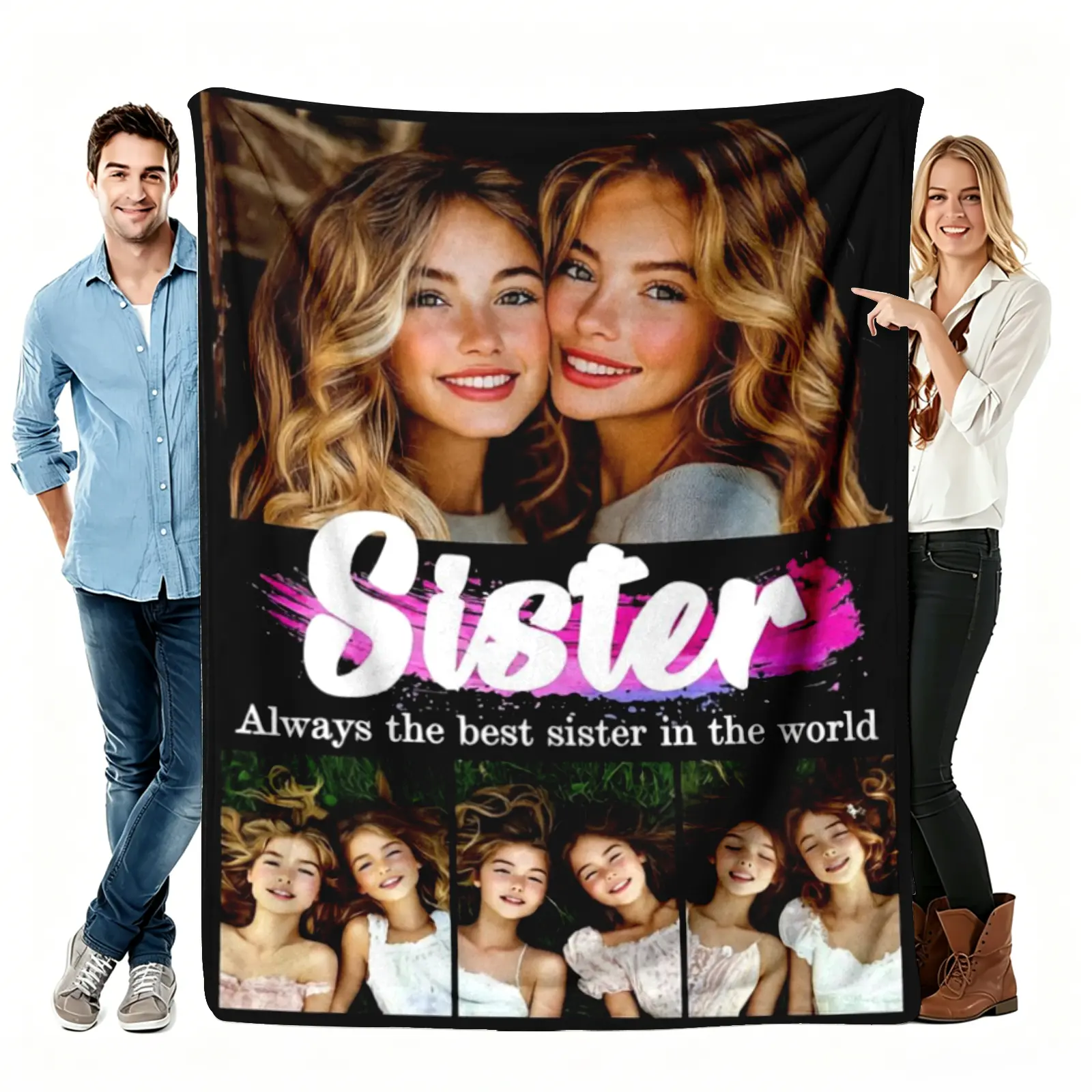 Sister Always The Best In The World Throw Blanket, Custom Photo Collage Flannel Blanket, Soft Cozy Warm Throw, Personalized Memory Design, Gift for Her Best Sister, Birthday Christmas Couch Bedroom Decor ﻿ holiday