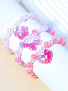 3pcs/set Multicolor Acrylic Beaded Resin Flower Butterfly Heart Pendant Elastic Bracelet Set for Girls School Birthday Party Gift Accessory Heart Charm Bracelet
