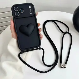 Large Heart Lanyard Phone Case Cover Set, Simple Elegant Design, Adjustable Lanyard, Fits iPhone 15 14 13 12 11 17 Pro Plus Max, 16 Pro Max Plus