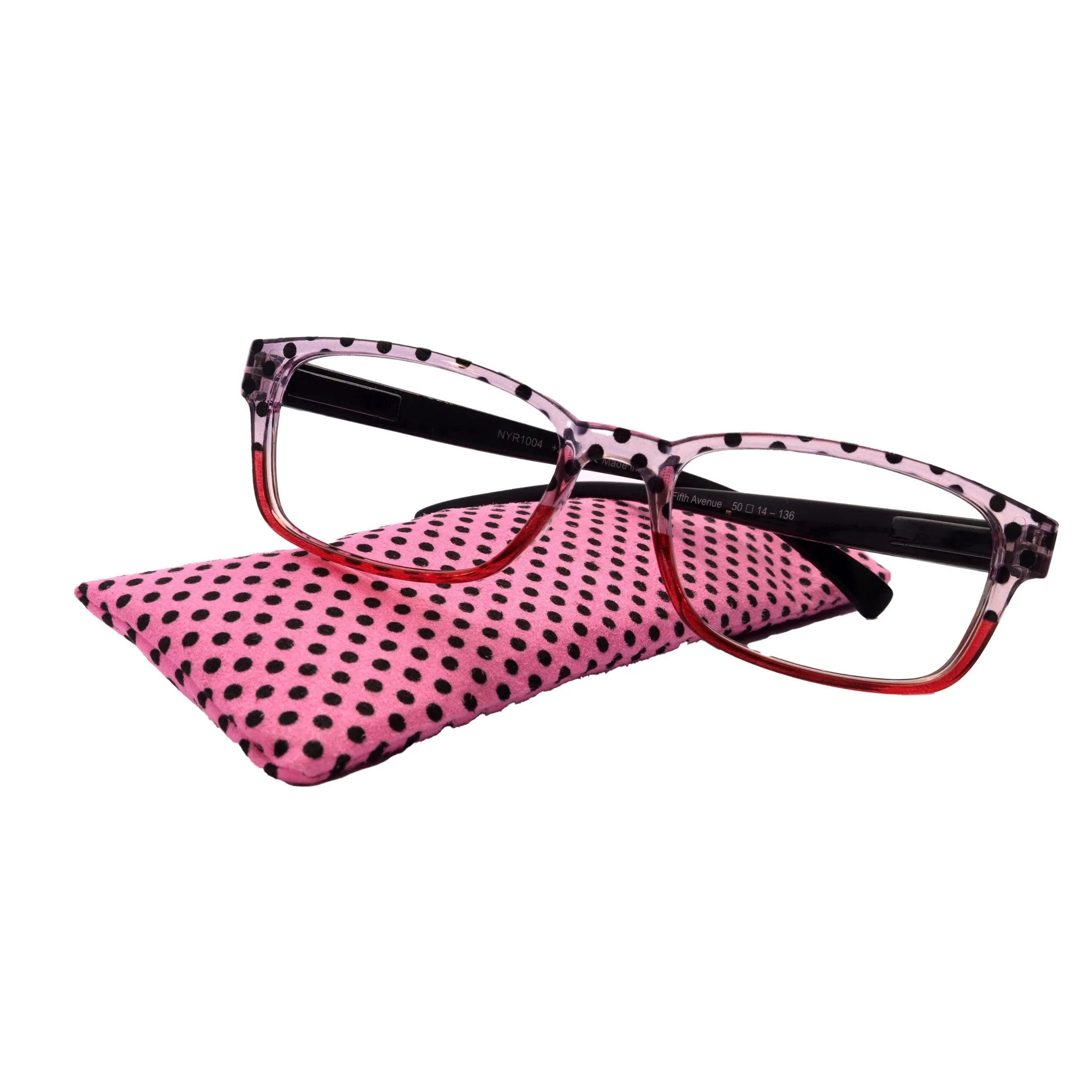 Julia, Premium Reading Glasses High End Reading Glass +.50 to +6 magnifying glasses (Pink Polka Dot) (Square) optical Frames Clear