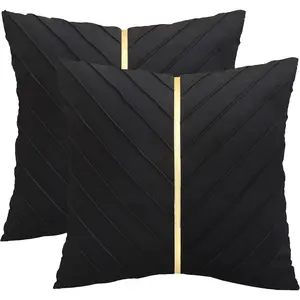 Tosleo Black Velvet Throw Pillow Covers 18 x18 inch Pack of 2 with Gold Leather Christmas Decorative Couch Pillow Cover Luxury Modern Pillowcases for Wedding Living Room Bedroom Sofa Cushion Bed