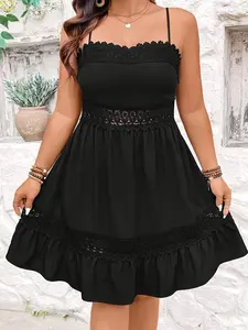 Women's Fashion Vacation Lace Patchwork Ruched Backless Dress, Elegant Chic Sleeveless Summer Dress, Stylish Holiday Wear, Casual Wear, Casual Dresses, Womenswear