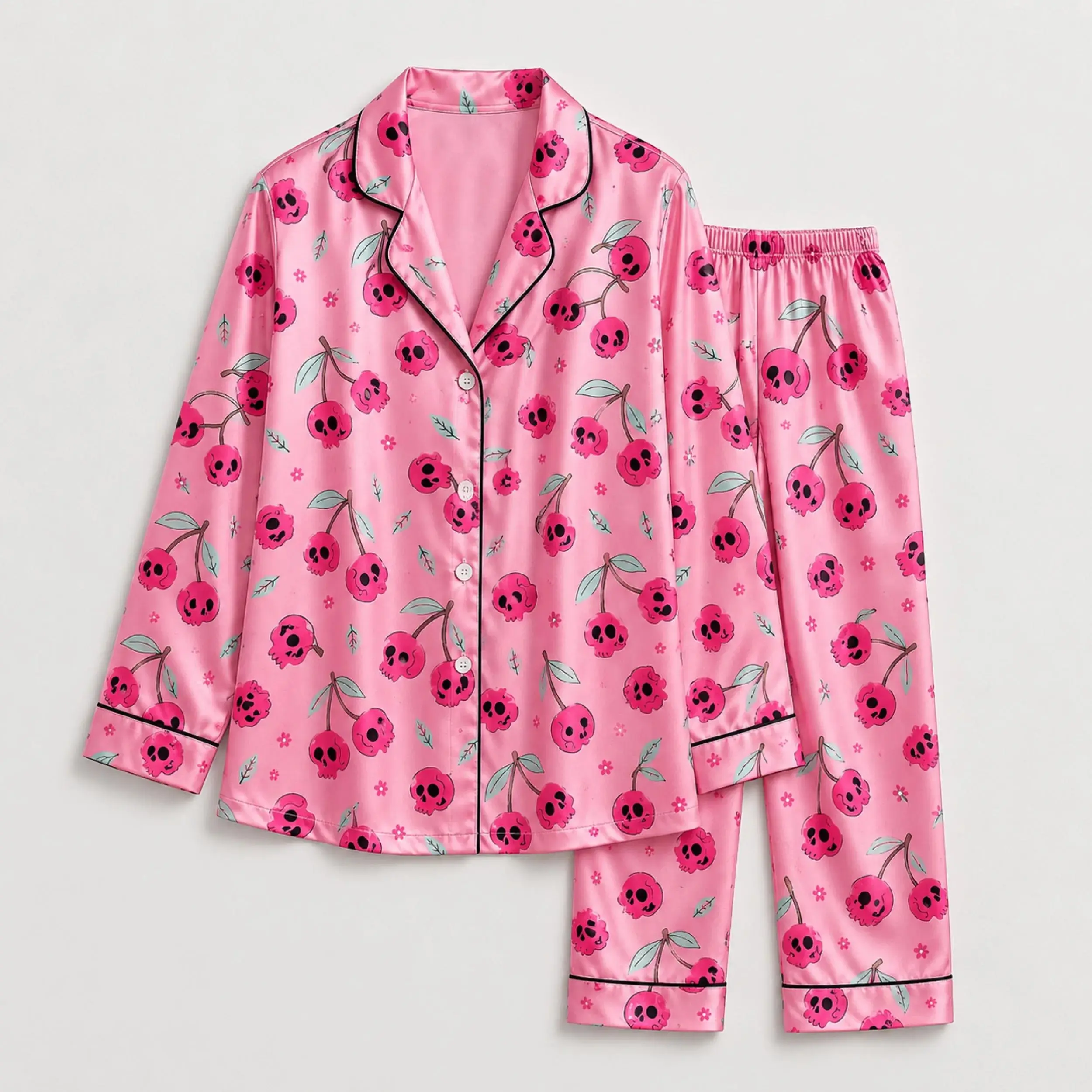 Women's Pink Skull Cherry Pajama Set Satin Button Up Sleepwear Cute Gothic Lounge Wear