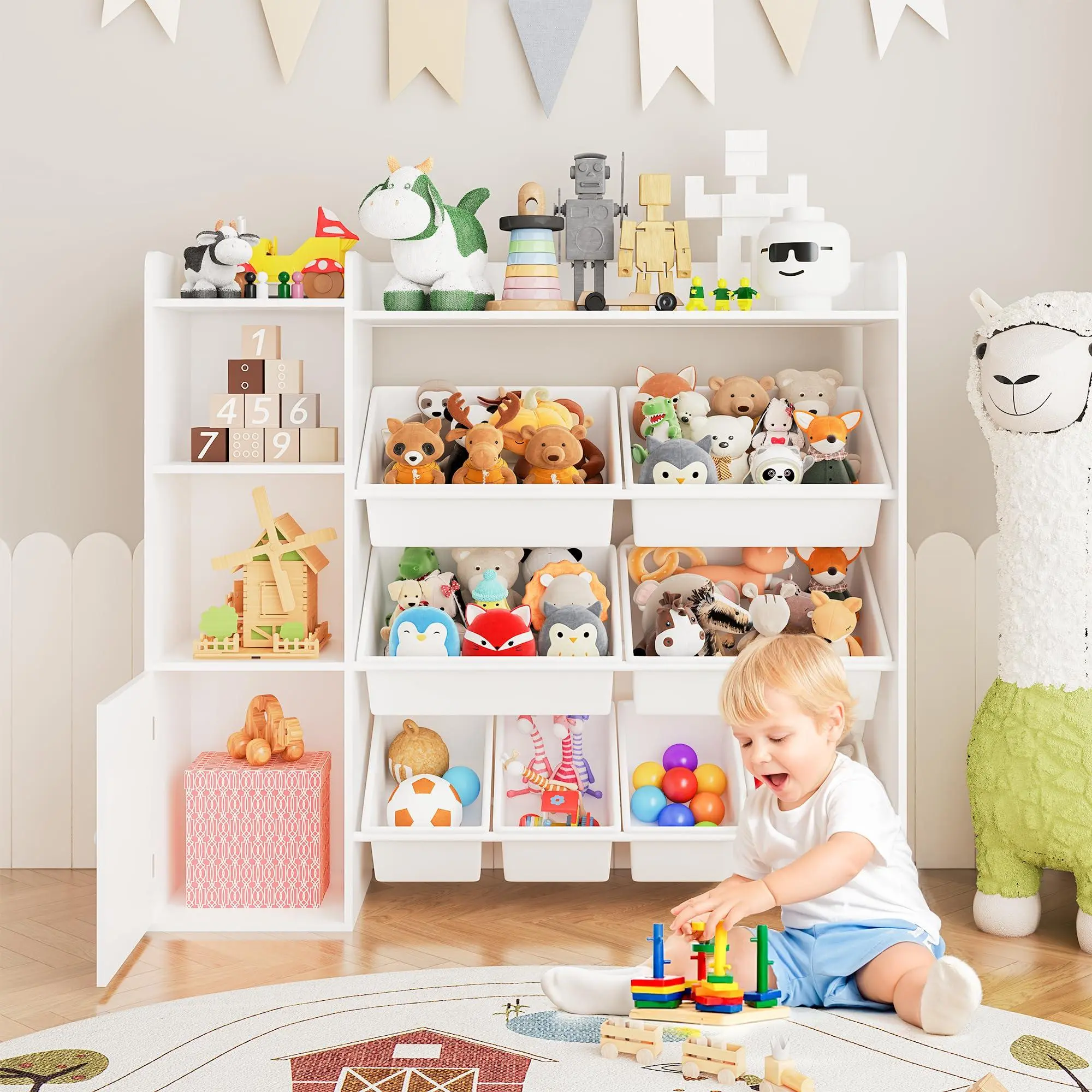 Gaomon Storage Organizer with 8 Removable Rectangular Bins, Nursery Bookshelf & Large Toy Box - Anti-Tip Mount Included, Ideal for Kids Room Storage Organization