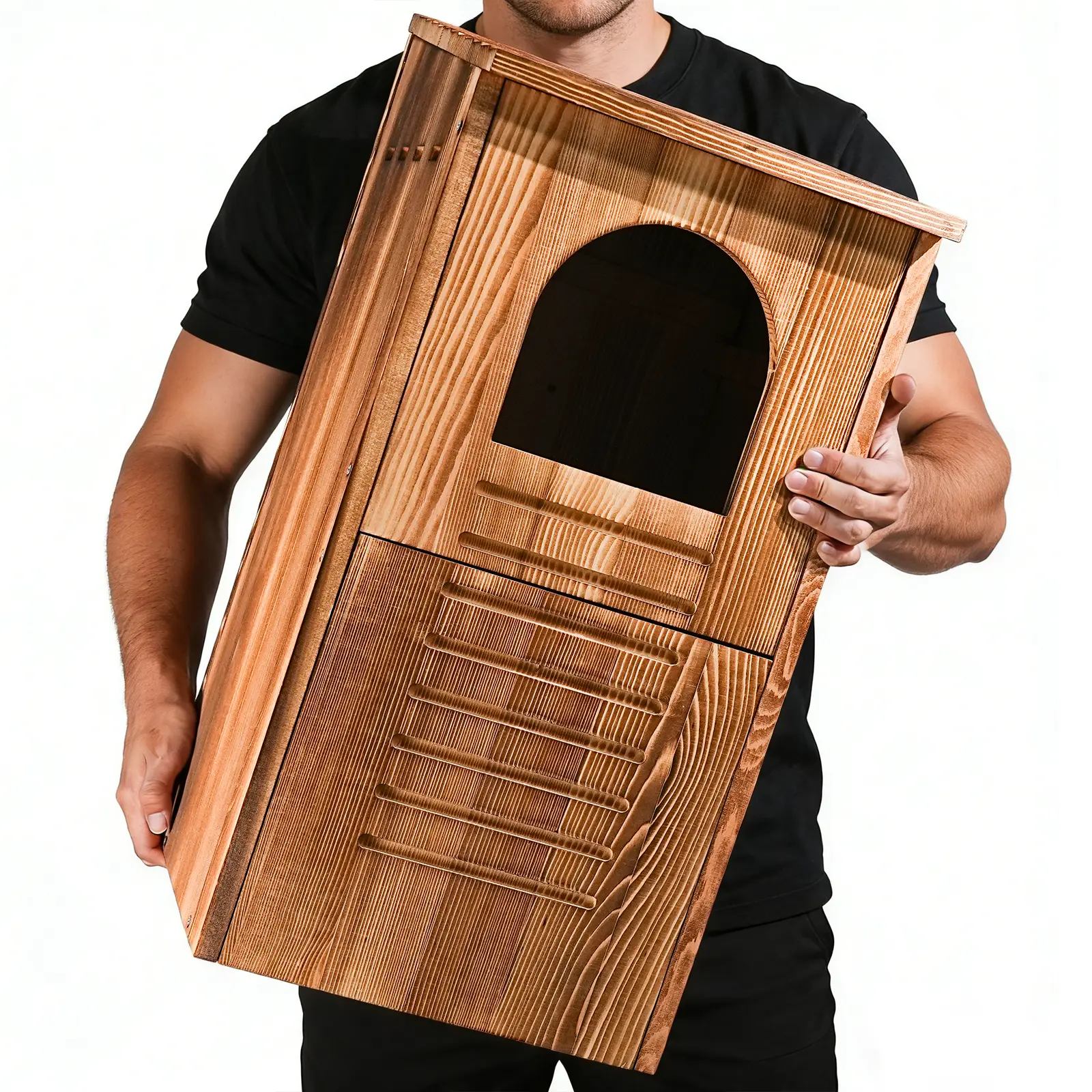 Barred Owl House, 25" Extra Large Handmade Weatherproof Wooden Bird Box with Circular Opening, Mounting Screws, Wood Shavings Bag & Easy Assembly, Natural Look for Outdoor Use