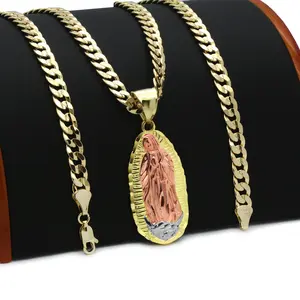 MaxBling81 High-End Brass Virgin Mary/Guadalupe Pendant with 14K Stamped 5mm Cuban Chain, 20" or 24" Hip-Hop Inspired Fashion Costume Jewelry Necklace