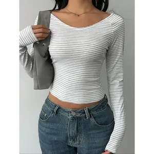 Women’s striped long-sleeve slim-fit top, sexy casual knit shirt, suitable for all seasons, medium-weight fabric, fashionable layering GARMENTARY