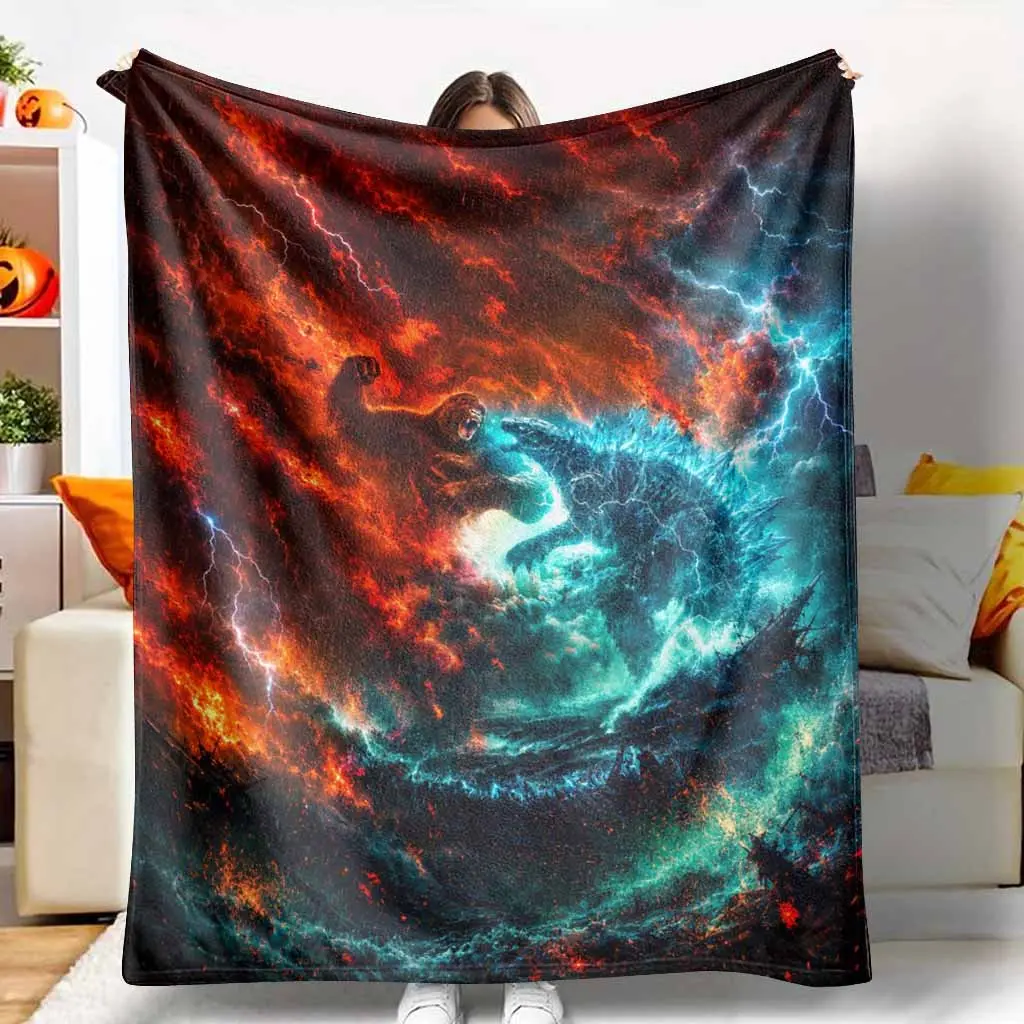 Elemental Titan Battle Flannel Blanket with Fire and Ice Beast Lightning Storm Print Soft Warm Plush Lightweight Throw for Sofa Bedroom Camping Movie Night Gift